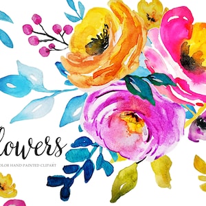 Watercolor bright summer flowers, leaves, branches Aquarelle Digital Clip Art floral PNG files