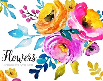 Watercolor bright summer flowers, leaves, branches Aquarelle Digital Clip Art floral PNG files