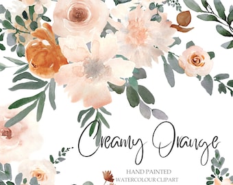 Puede incluir: Clipart de acuarela con un ramo de flores de melocotón, crema y naranja con hojas verdes. El texto "Creamy Orange" y "Hand Painted Watercolour Clipart" está incluido en la imagen.