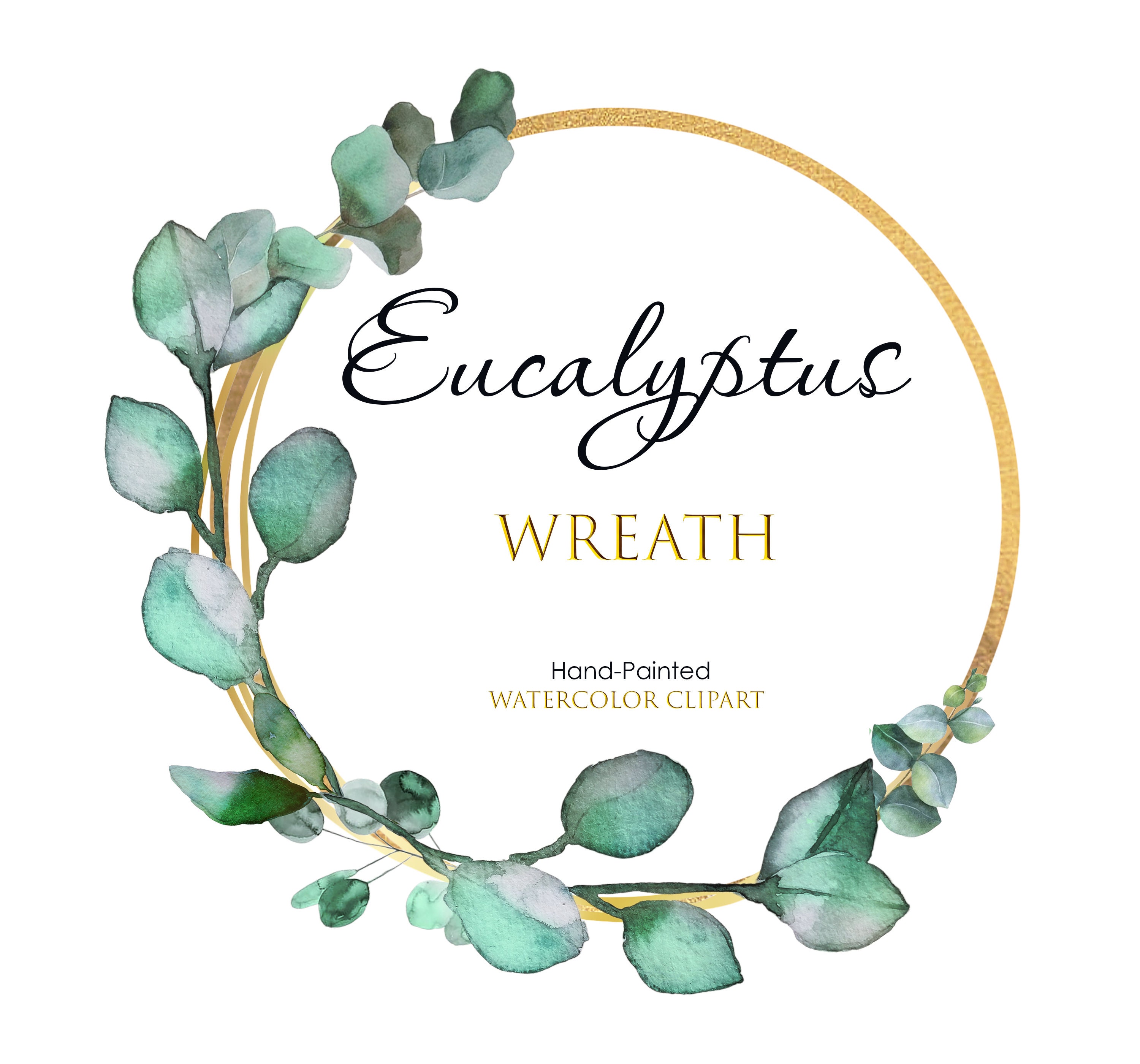 Watercolor Eucalyptus Wreath With Gold Frame, Wedding Invitations, Gold ...