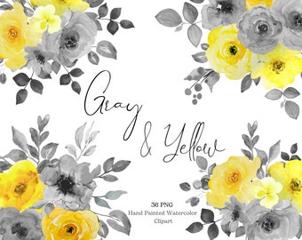 Gray yellow watercolor flowers clipart Floral clip Art rose Flowers spring clipart Summer clipart Wedding graphics Bouquet PNG