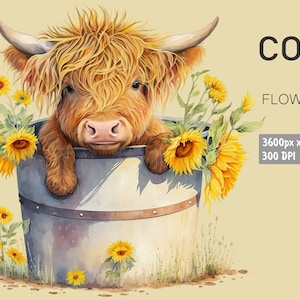 Highland longhaired Cow with flowers, Cute Cow clipart, Nursery Summer Clipart, Cute Sublimation, Instant download, PNG