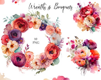 Watercolor Bouquets & Wreaths Clipart, Flowers Clipart, Wedding, Instant download, PNG