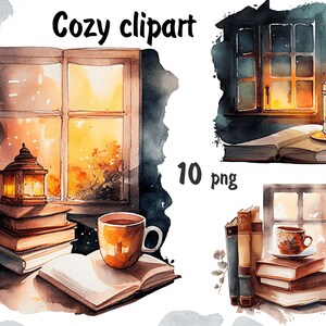 Cozy clipart, books, window, coffe tea time, watercolor clipart, cozy home, instant download, PNG