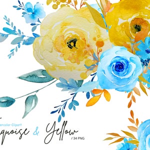 Flowers watercolor clipart Turquoise Yellow Watercolor Bright Digital Download Art  PNG
