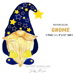 Watercolor gnome clipart, hand-painted gnome, gnome star, instant download, PNG