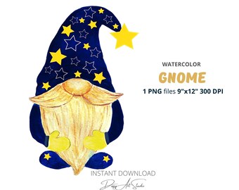 Watercolor gnome clipart, hand-painted gnome, gnome star, instant download, PNG