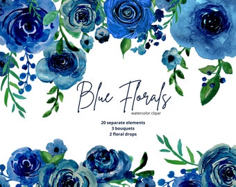 Watercolor flowers Clipart Blue Flowers Leaves Branches  Aquarelle Clip Art Flower Individual PNG and floral compositions
