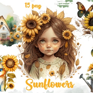 Watercolor Sunflower Clipart, Floral Clipart, Instant download, PNG, Desita