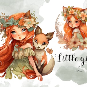 Meisje clipart, Fox clipart, kwekerij decor, bosrijke clipart, meisje illustraties, clipart PNG