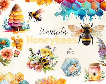 Watercolor Honeybee Clipart, Summer Clipart PNG, Watercolor flower, Honey Bees, Honey Jar, PNG