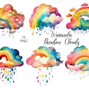 Clipart de nuvens de arco-íris em aquarela, decoração de berçário, download instantâneo, PNG