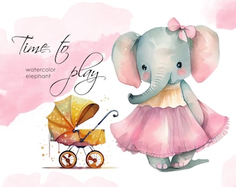 Watercolor Elephant Clipart, Nursery decor, Cute Elephant, PNG