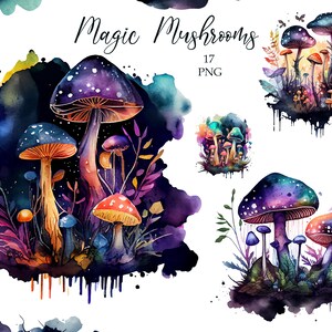 Clipart de cogumelos mágicos em aquarela, clipart de cogumelos - clipart de aquarela de fantasia, download instantâneo, PNG