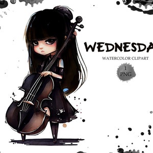 Miércoles acuarela clipart, Violonchelo, Gothic Girl, Gothic Wednesday, Descarga instantánea, PNG