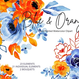 Altblau und Orange Aquarell Blumen Clipart Blumen Clip Art Antik Blau Blumen Sträuße Hellblaue Blätter Hochzeit Grafiken Handgezeichnet