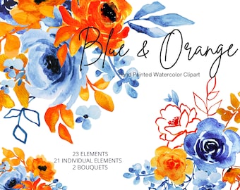 Dusty Blue and Orange Watercolor Floral Clipart Flowers Clip Art Antique Blue Flowers Bouquets Light Blue Leaves Wedding Graphics Hand Drawn