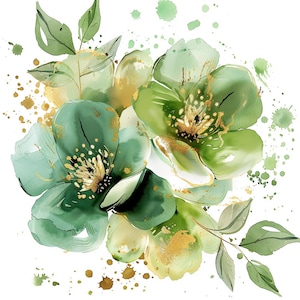 10 Abstract Flowers Clipart, Lime Gold Flower, Flowers Print, Printable Watercolor clipart, Digital download, Paper craft