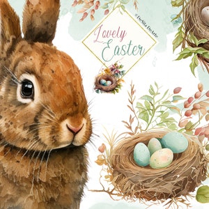 Joyeuses Pâques Clipart, lapin mignon, aquarelle lapin de Pâques Clip Art, téléchargement numérique PNG, Pâques PNG