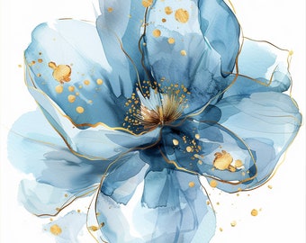 10 Abstract Flowers Clipart, Blue Gold Flower, Flowers Print, Printable Watercolor clipart, Digital download, Commersial use