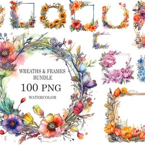 100 PNG Fiori Acquerello Corone e Cornici, Floreale, Cornice di fiori di campo, Corone dorate, Peonia, Girasoli, Fiori blu, Fiori tropicali