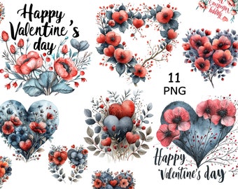 May include: A set of 11 watercolor illustrations featuring red poppies and blue foliage arranged in heart shapes. The illustrations include the text "Happy Valentine's Day".