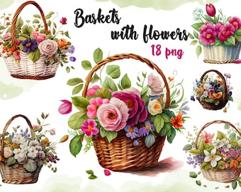 Watercolor baskets with flowers clipart, Flowers clipart, Instant download, PNG