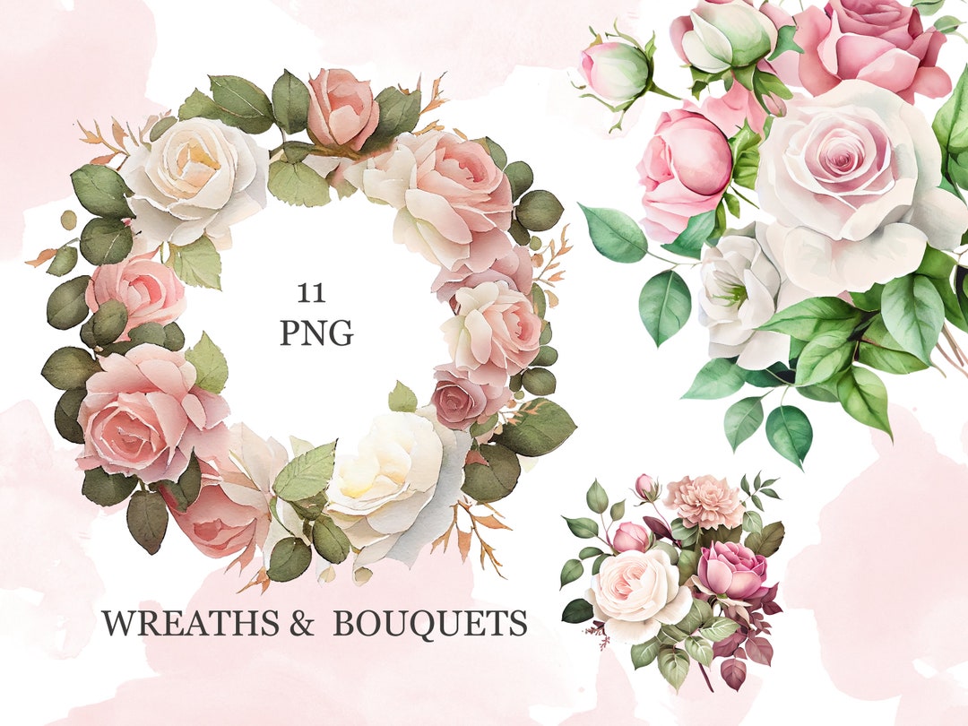 Watercolor Flower Pink and White Roses Floral Garden Bouquets, Wreaths ...