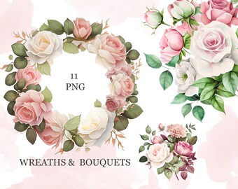 Aquarell Blume rosa und weiße Rosen Blumengarten Blumensträuße, Kränze PNG Clipart, Hochzeit digital, PNG, DesitaDeArte
