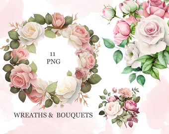 Watercolor flower Pink and White roses floral garden Bouquets, Wreaths PNG Clipart, wedding digital, PNG, DesitaDeArte