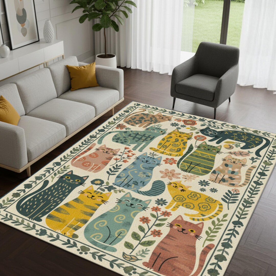 Cat Rug, Beige Scandinavian Folk Art Cats Carpet, Cat Lover Gift - Etsy