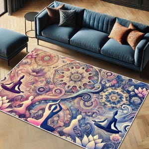 Mandala and Lotus Inspired Rug with Yoga Silhouettes, Elegant Spiritual Yoga Decor, Gift for Yoga Lovers, Yoga Lover Rug, Unalome Symbol Rug