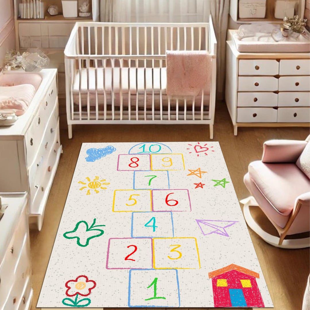 Playhouse Rug Colorful Hopscotch Playground Kids Rug, Educational Playmat, Digital ...
