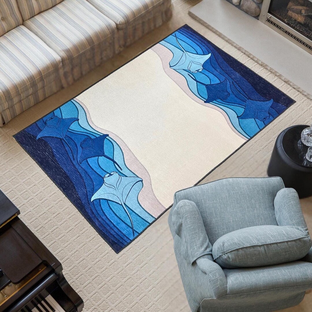 Manta Ray Pattern Blue Printed Rug, Ocean Themed Modern Design Rug ...