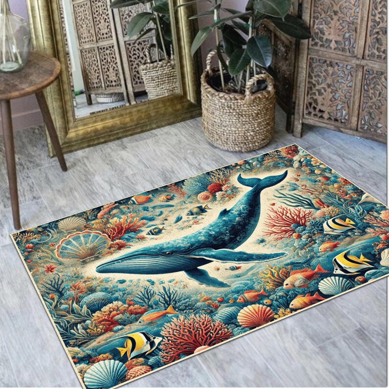 Whale & Coral Reef Area Rug: Ocean Marine Life Design - Etsy