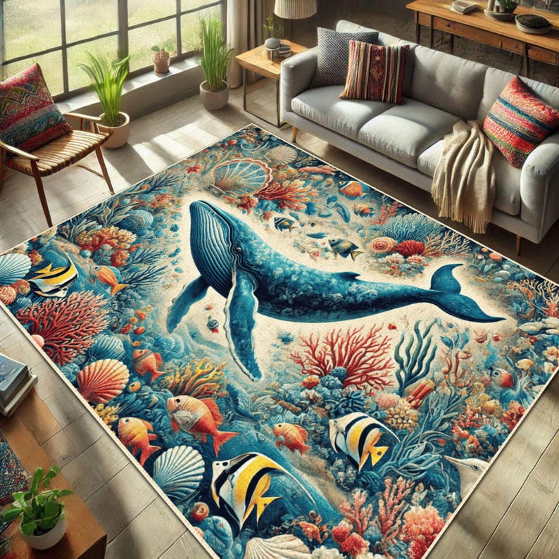 Whale & Coral Reef Area Rug: Ocean Marine Life Design - Etsy