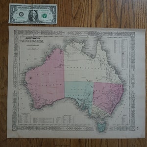 Australia Map - Original Vintage 1865 - Small pop of color!