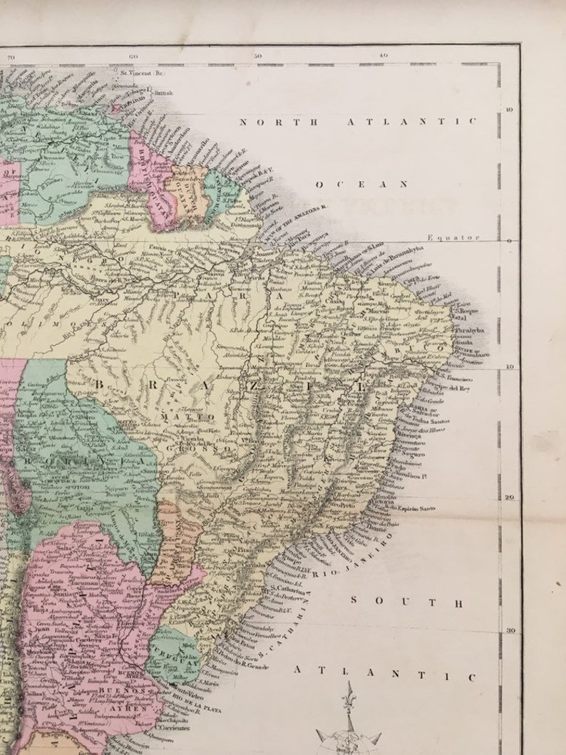 Map South America 1868 original vintage!