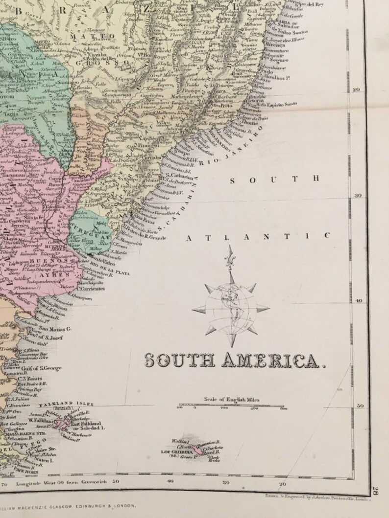 Map South America 1868 original vintage!