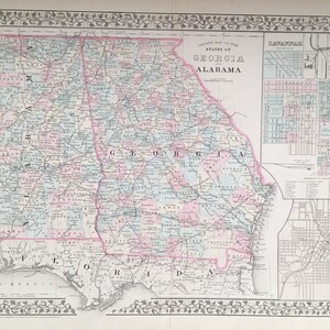 Schöne 1879 Alabama + Georgia Karte w / Atlanta und Savannah Insets