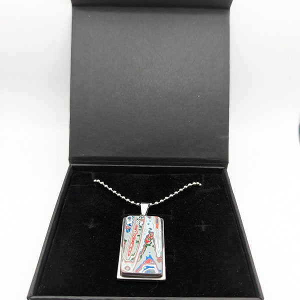 Fordite Pendant 2023Bronco 2 inch Pendant Stainless steel setting Your choice of 20,22,24 steel ball chain necklace with information card