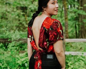 Red Roses Backless Silk Crop Top