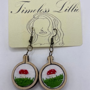 Mini Mushroom Embroidery Hoop Earrings