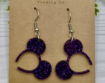 Purple Glitter Mouse, Mouse ears headband, Laser cut Purple Glitter Acrylic Earrings, Made to order, Laser Engraved, Glowforge Earrings