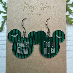 Foolish Mortal Engraved Dangle Earrings, Laser Cut Green Striped pattern Acrylic, Haunted Mansion inspired immagine 4