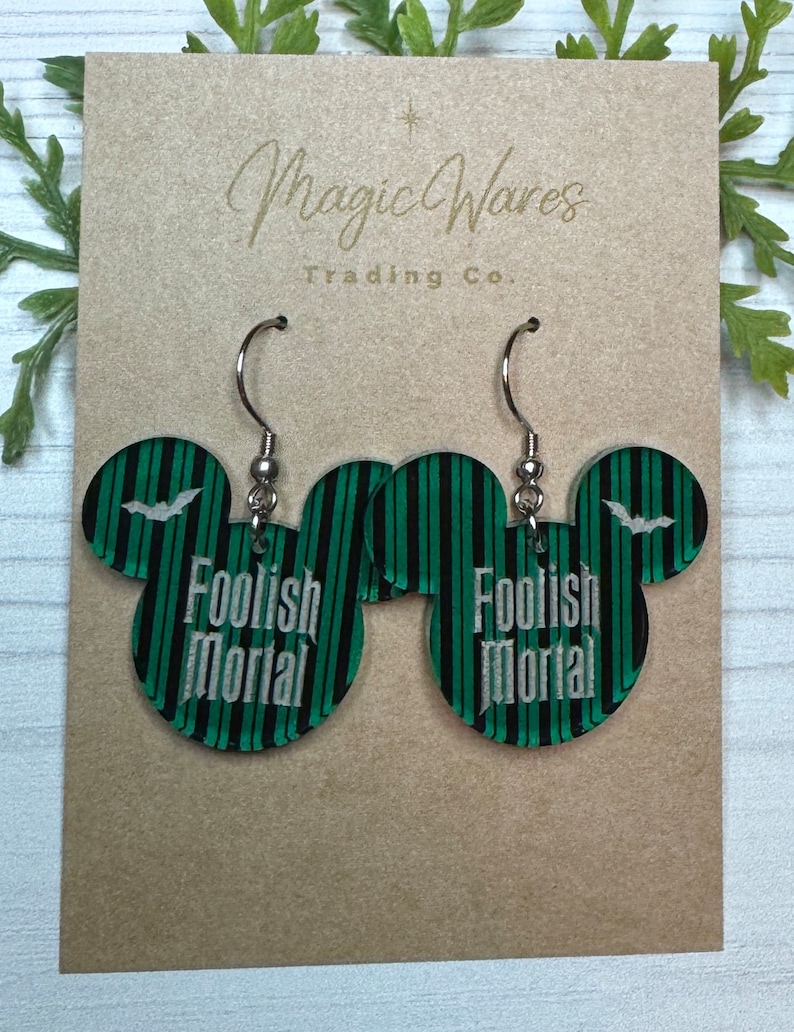 Foolish Mortal Engraved Dangle Earrings, Laser Cut Green Striped pattern Acrylic, Haunted Mansion inspired immagine 4
