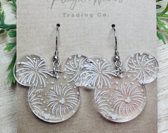 Fireworks Engraved Crystal Acrylic Earrings, Mouse head Laser Engraved Dangles, Fireworks earrings