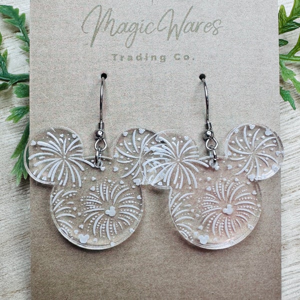 Fireworks, Engraved Crystal Acrylic Earrings, Made to order, Laser Engraved, Glowforge Earrings