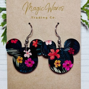 Poly Floral Mouse, Laser Cut, Floral patterned Crystal Acrylic Earrings, Dangle Earrings, Made to order, Glowforge Earrings