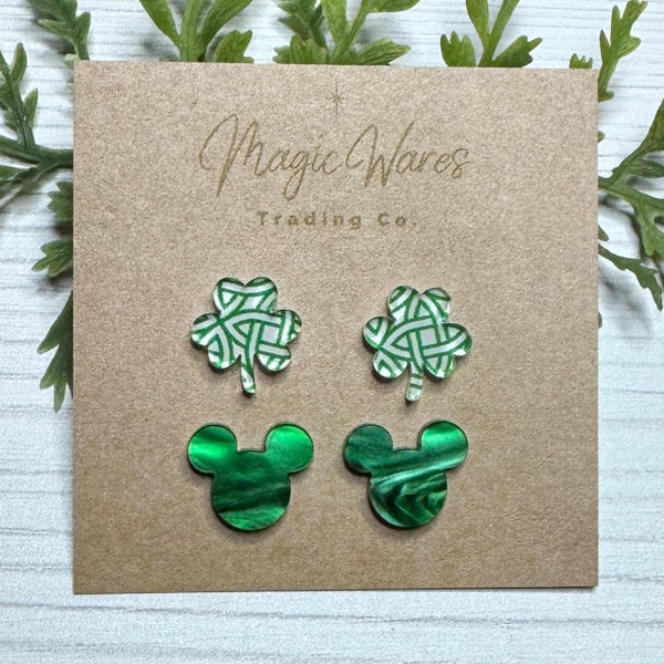 Celtic Shamrock and Green Marble Stud COMBO, Celtic pattern clover and Green Marbled Mouse head shaped Laser Cut Acrylic Post Earrings